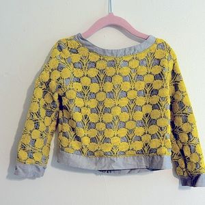 Persnickety Top, girls size 4, crochet overlay, bow back, yellow and gray